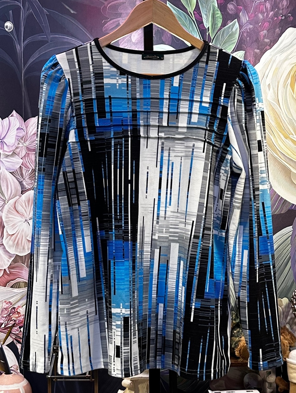 OFEEFAN M Abstract Geometric Tunic Top Stretch Artsy Mod Retro Blue Black White